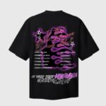 Back view of the Hellstar Is This What Heaven Sounds Like T-shirt in black featuring purple flames and tour cities.