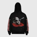 Hellstar Jason Mask black hoodie featuring a graphic print of a horror movie mask with a knife, premium fleece streetwear.