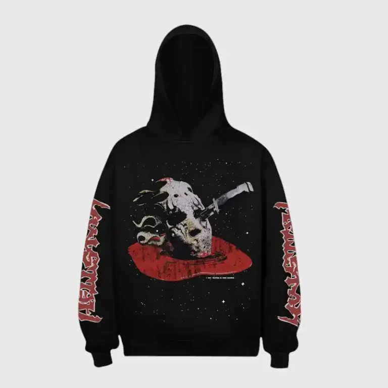 Hellstar Jason Mask black hoodie featuring a graphic print of a horror movie mask with a knife, premium fleece streetwear.