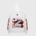 Hellstar white Jason mask hoodie back with bold distressed red "2 PARADISE" graphic and gothic sleeve text on vintage fleece
