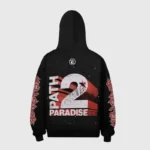 Back view of the Hellstar Jason Mask black fleece hoodie featuring a Path to Paradise graphic print design.