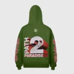 Hellstar Jason Mask Hoodie green back print featuring bold distressed "Paradise 2" graphic and sleeve logos (97 chars)