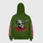 Front view of the olive green Hellstar Jason mask hoodie featuring a horror-themed graphic print on the front chest.