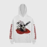 White Hellstar Jason Mask hoodie featuring a graphic of the horror film character with a knife for streetwear style