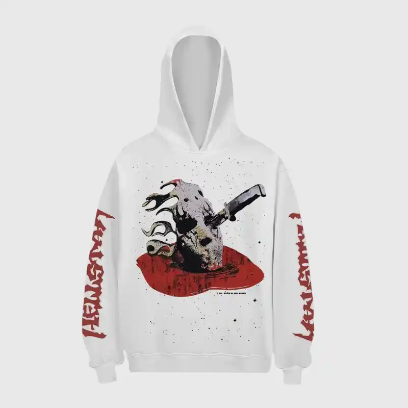 Hellstar Jason Mask White Hoodie White Hellstar Jason Mask hoodie featuring a graphic of the horror film character with a knife for streetwear style