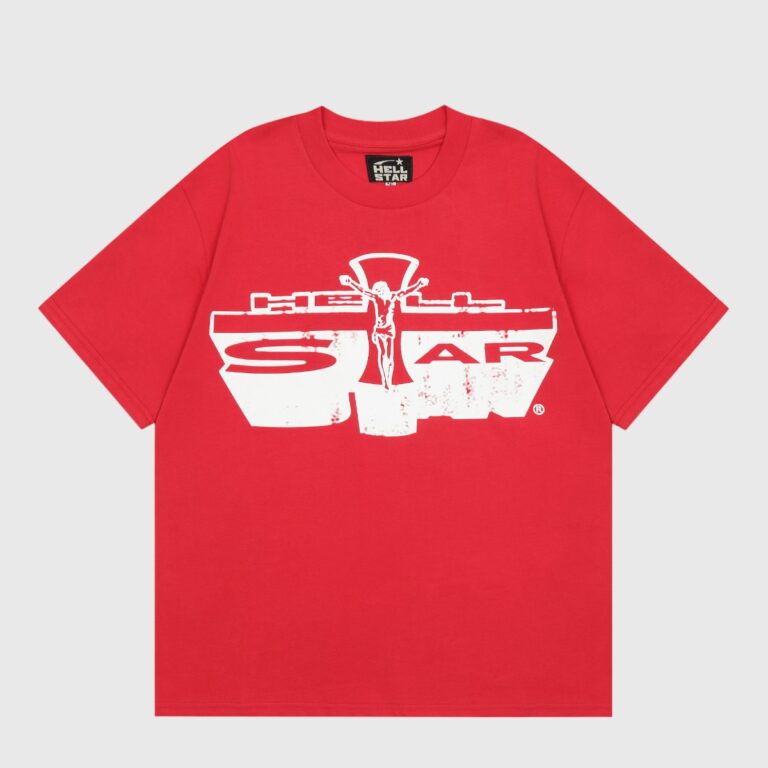 Hellstar Studios red unisex cotton T-shirt with distressed white Jesus emblem screen print, vintage washed look