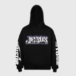 Black Hellstar Jesus Freak hoodie with bold front graphic and branded sleeve details in a comfortable streetwear fit.