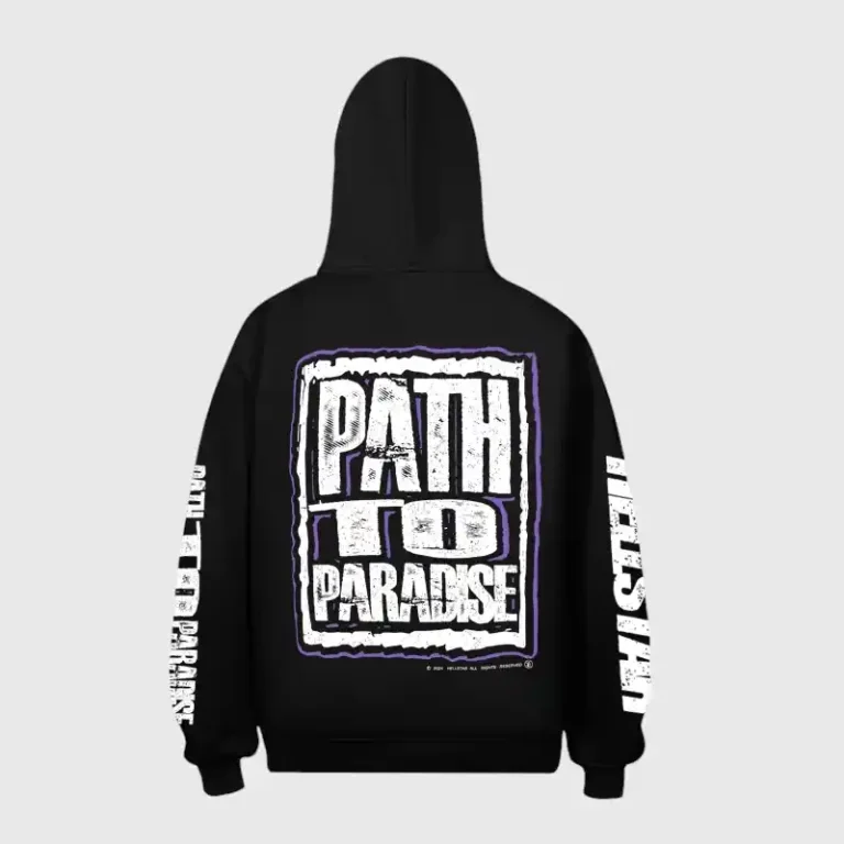 Back view of the black Hellstar Jesus Freak hoodie featuring a bold Path to Paradise graphic screen print design.
