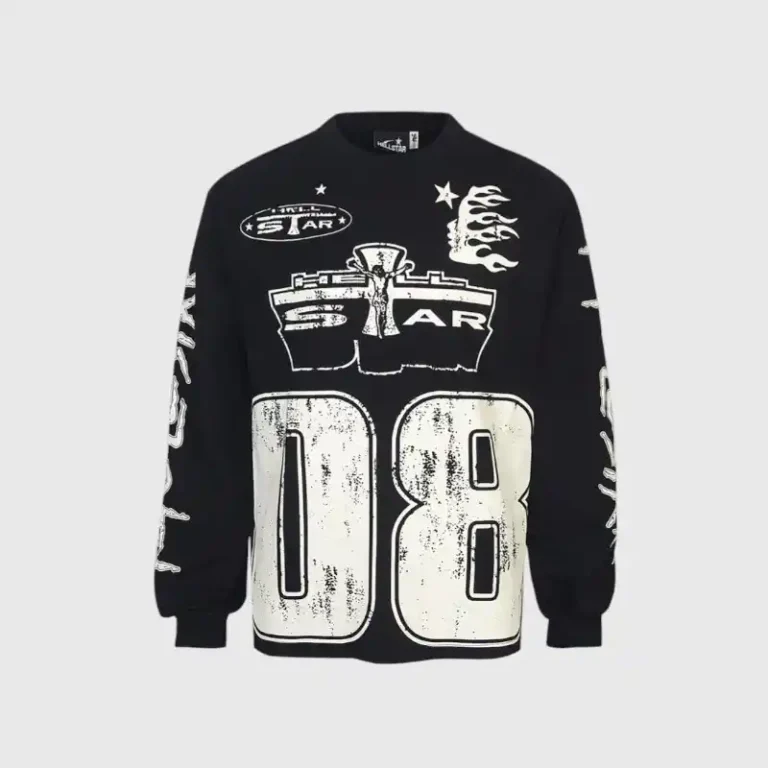 Black long-sleeve Hellstar Jesus sweatshirt featuring a bold graphic print with the number 08 on the front.