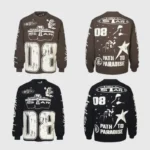 Four variants of the Hellstar Jesus graphic sweatshirt in black and brown featuring unique screen printed designs.