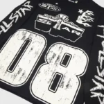 Black Hellstar Jesus sweatshirt featuring distressed white graphic prints of the number 08 and stylized logo branding.