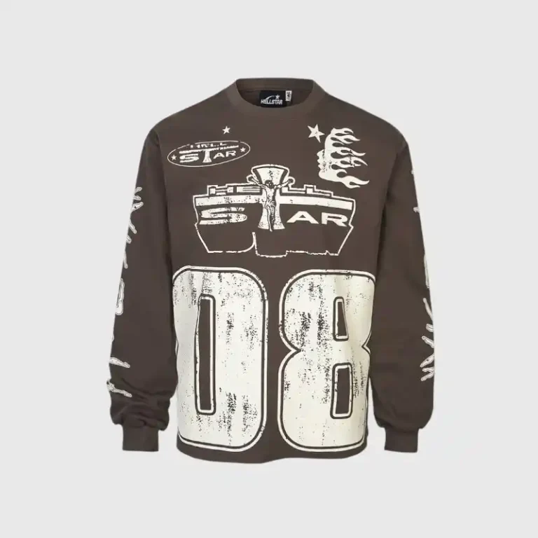 A brown Hellstar Jesus graphic sweatshirt featuring a vintage-style distressed design and bold white streetwear print.