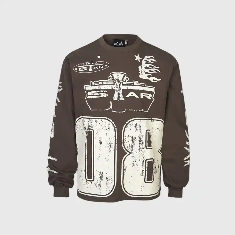 Hellstar Jesus Graphic Sweatshirt Brown A brown Hellstar Jesus graphic sweatshirt featuring a vintage-style distressed design and bold white streetwear print.