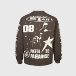 Back view of the brown Hellstar Jesus sweatshirt featuring a large graphic print with Path to Paradise text.