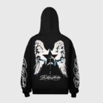 Back view of the black Hellstar Jesus Wings hoodie featuring a detailed wing and star graphic with script lettering.