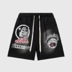 Hellstar Jupiter Graphic Terry Black Shorts featuring cosmic artwork and a vintage washed design in a relaxed fit.