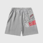 Back view of grey Hellstar Jupitar graphic terry shorts featuring distressed emblem artwork and cotton fabric