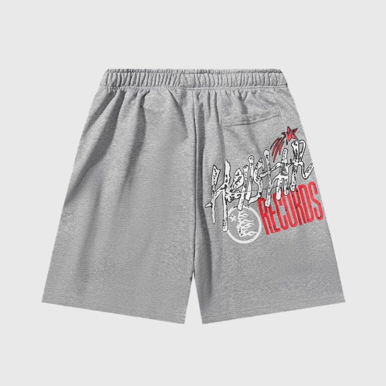Back view of grey Hellstar Jupitar graphic terry shorts featuring distressed emblem artwork and cotton fabric