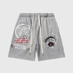 Hellstar Jupiter graphic print grey French terry cotton shorts with a drawstring elastic waist and distressed detailing.