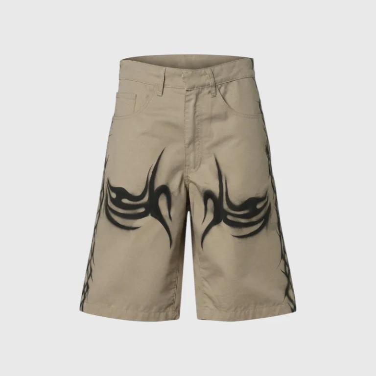 Front view of Hellstar Khaki Tribal Airbrushed Shorts featuring custom black spray-effect tribal graphic artwork.