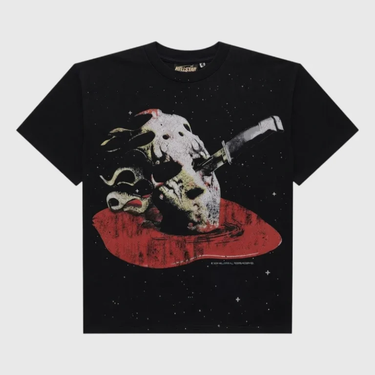 Black Hellstar Killer Mask T-Shirt featuring a dark graphic streetwear design on premium heavyweight cotton fabric.
