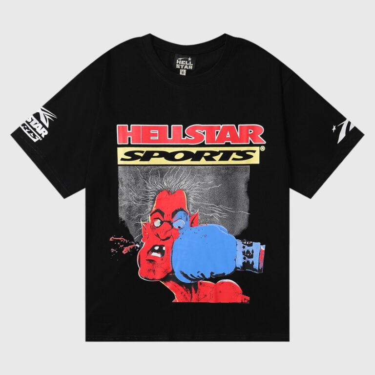 Hellstar Knock Out T-Shirt Black featuring vintage washed 100% cotton graphic of a red boxer being punched by a blue glove
