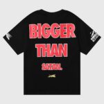 Hellstar Knock Out black cotton tee with bold red "BIGGER THAN SATAN." back print, vintage washed unisex design, LA-made