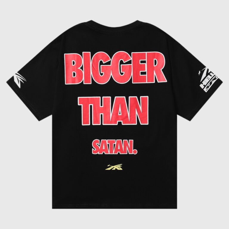 Hellstar Knock Out black cotton tee with bold red "BIGGER THAN SATAN." back print, vintage washed unisex design, LA-made