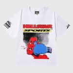 Hellstar Knock Out T-Shirt White, 100% cotton vintage washed tee with red "HELLSTAR SPORTS" logo and boxing punch print