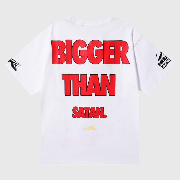 Hellstar Knock Out white unisex cotton tee with bold red "BIGGER THAN SATAN." back print, vintage washed graphic, made in USA