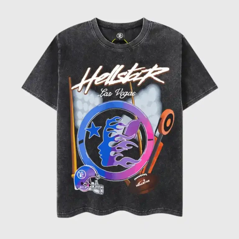 Front view of the black Hellstar Las Vegas graphic t-shirt featuring football sports designs and vibrant print.