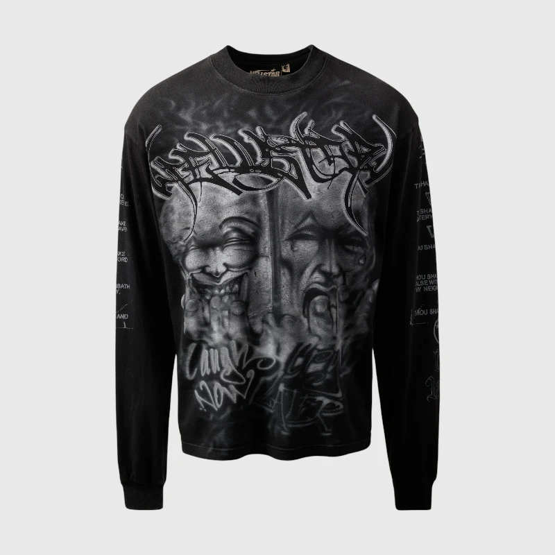 Hellstar Laugh Now Cry Later Long Sleeve Black Black Hellstar long sleeve shirt featuring a graphic print of laughing and crying masks with gothic lettering style.