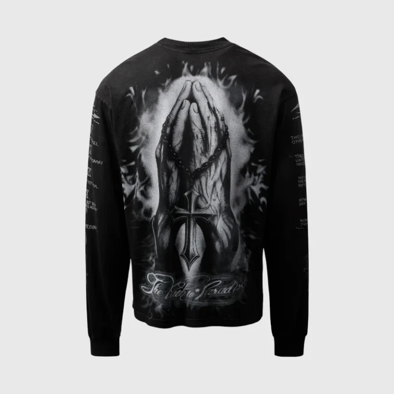Hellstar Commandments black long sleeve shirt featuring a praying hands and cross graphic design in a street style fit.