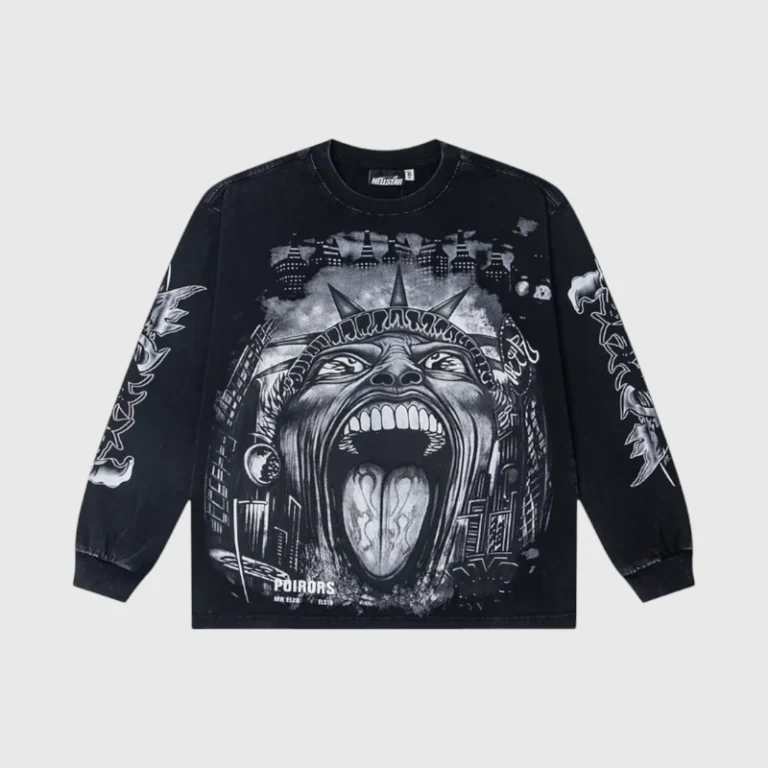 Front view of the black Hellstar Liberty long sleeve sweater featuring a bold graphic print of a screaming figure.
