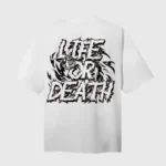White Hellstar Life Print T-shirt featuring a bold Life or Death graphic design on the back for street style wear.