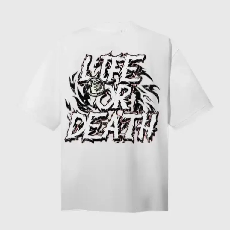 White Hellstar Life Print T-shirt featuring a bold Life or Death graphic design on the back for street style wear.