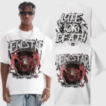 Front and back view of a white Hellstar Life Print T-Shirt featuring bold graphic art and premium cotton fabric.