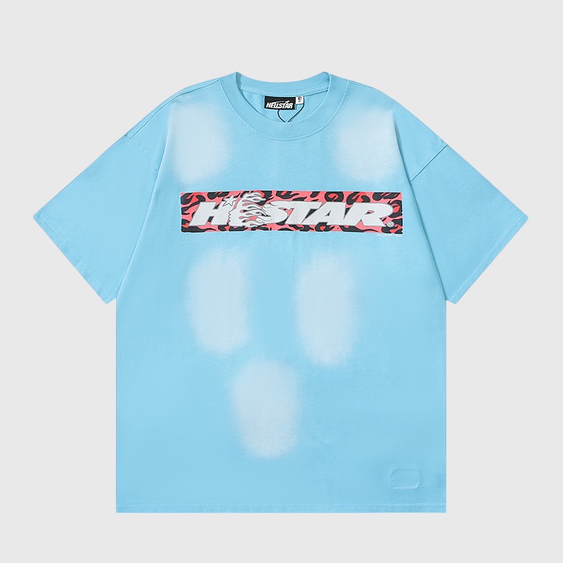 Hellstar Light Blue Box Logo T Shirt Hellstar light blue t-shirt featuring a distinctive box logo graphic with vibrant pink and black leopard print patterns.