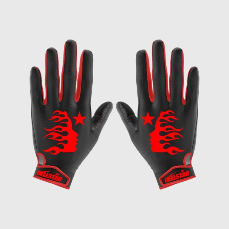 Hellstar logo gloves in black and red, featuring a flame design and iconic branding for streetwear style enthusiasts.