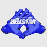 Pair of blue Hellstar Logo Gloves with a bold printed branding design, perfect for edgy streetwear fashion.