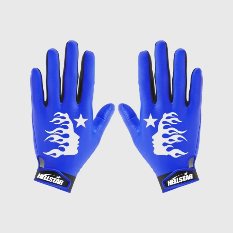 Pair of blue Hellstar logo gloves with white flame graphics and brand branding on the wrist cuffs.