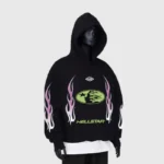 Black Hellstar hoodie featuring a graphic print with a face, star, and flame details on a mannequin torso display.