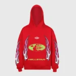 Red Hellstar logo print graphic hoodie with flame designs on sleeves and a front kangaroo pocket, front view.