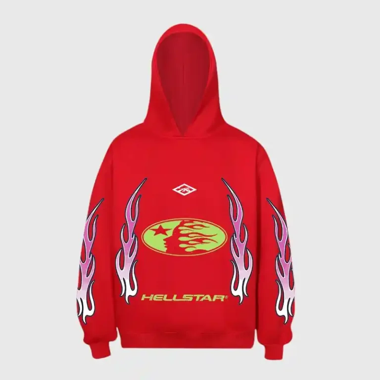 Red Hellstar logo print graphic hoodie with flame designs on sleeves and a front kangaroo pocket, front view.