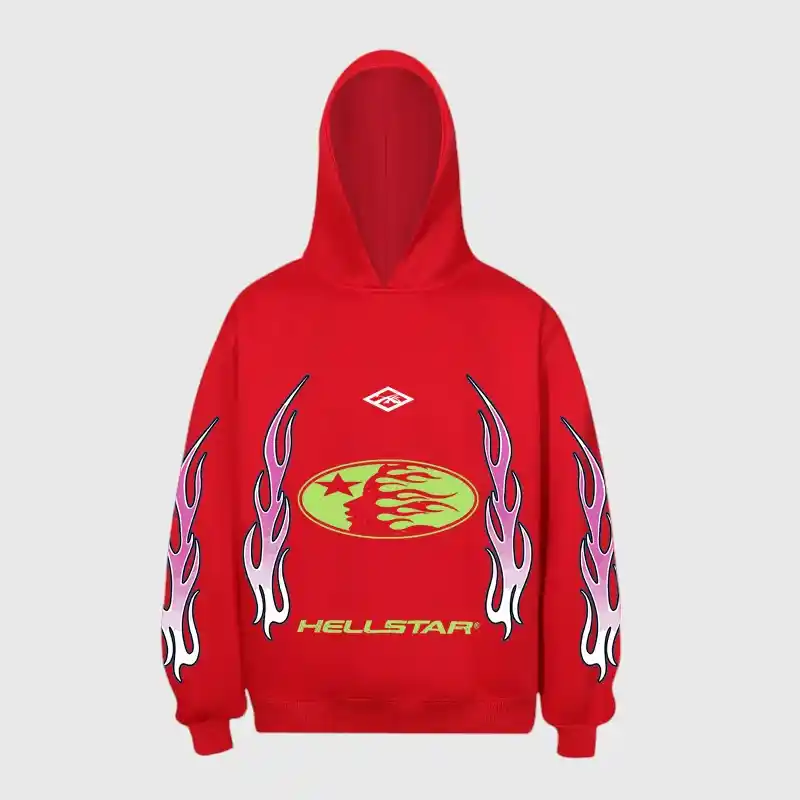 Hellstar Logo Print Red Hoodie Front View Red Hellstar logo print graphic hoodie with flame designs on sleeves and a front kangaroo pocket, front view.