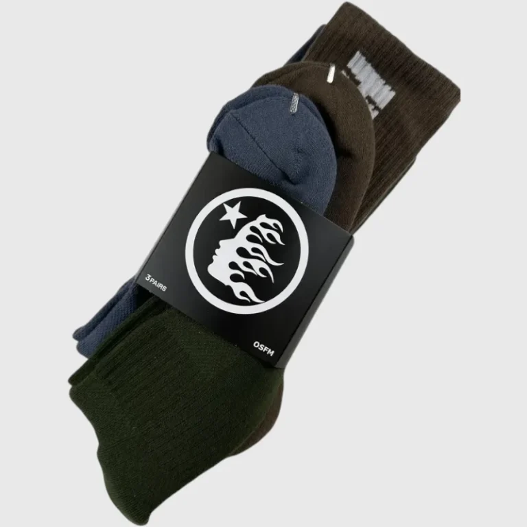 Three pairs of Hellstar Logo Socks in earth tones featuring a premium cotton blend and a signature embroidered logo cuff.
