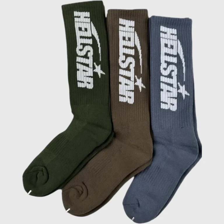 Three pairs of Hellstar logo socks in earthy tones featuring olive, brown, and blue colors with embroidered branding.