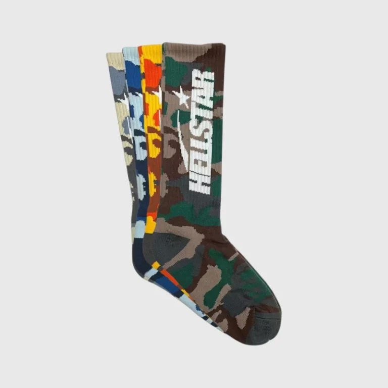 A four-pack set of Hellstar brand crew socks featuring various colorful camouflage patterns and logo detailing.