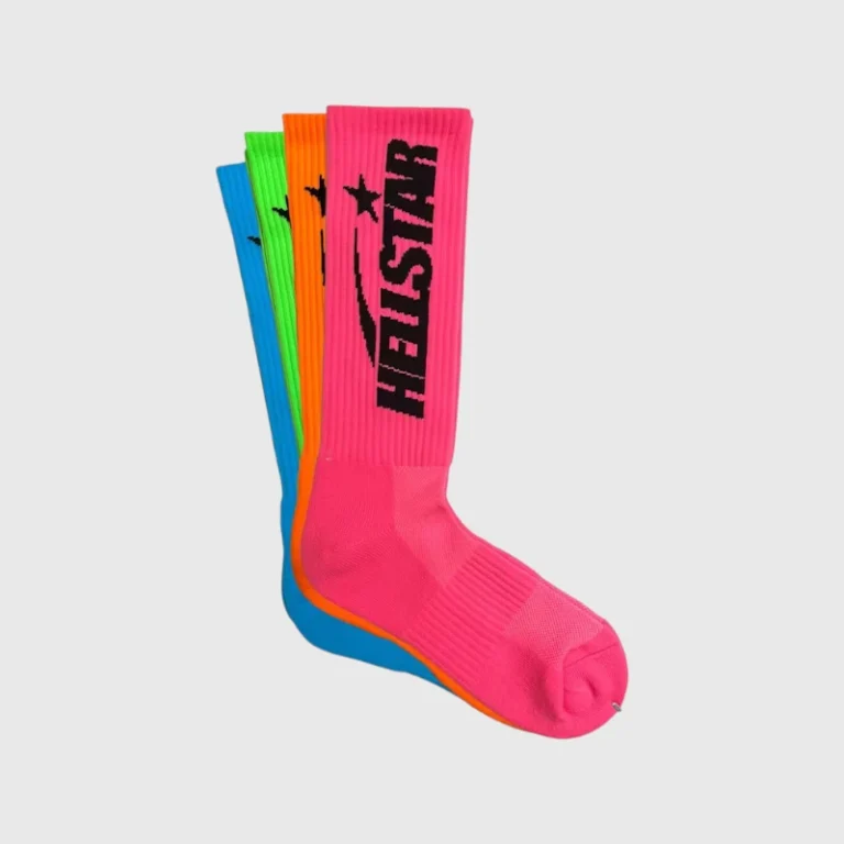 A 4-pack of Hellstar neon logo socks in blue, green, orange, and pink colors for a vibrant streetwear aesthetic.