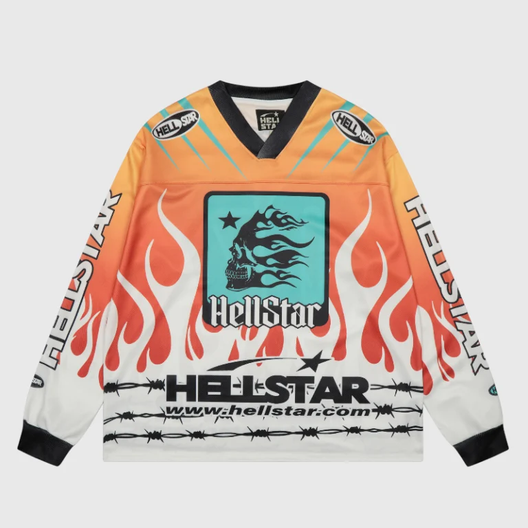 Orange Hellstar Logo URL Printed Mesh Long Sleeve Tee with flame graphic and barbed wire print streetwear design.